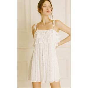 Storia Embroidered Glitter Star Print Ruffle White Mini Dress Size S Whimsical